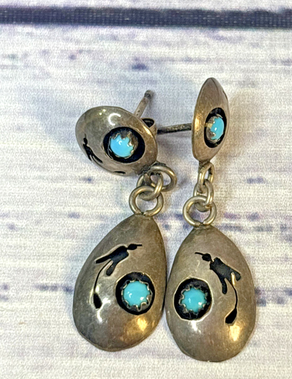 Vintage Native American Sterling Silver Turquoise Hummingbird Overlay Earrings